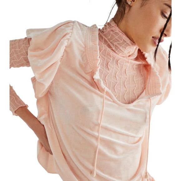 Free People Terese Top Size M Pink Tint Velvet poof short sleeve ruffle Tie Neck - Picture 2 of 12